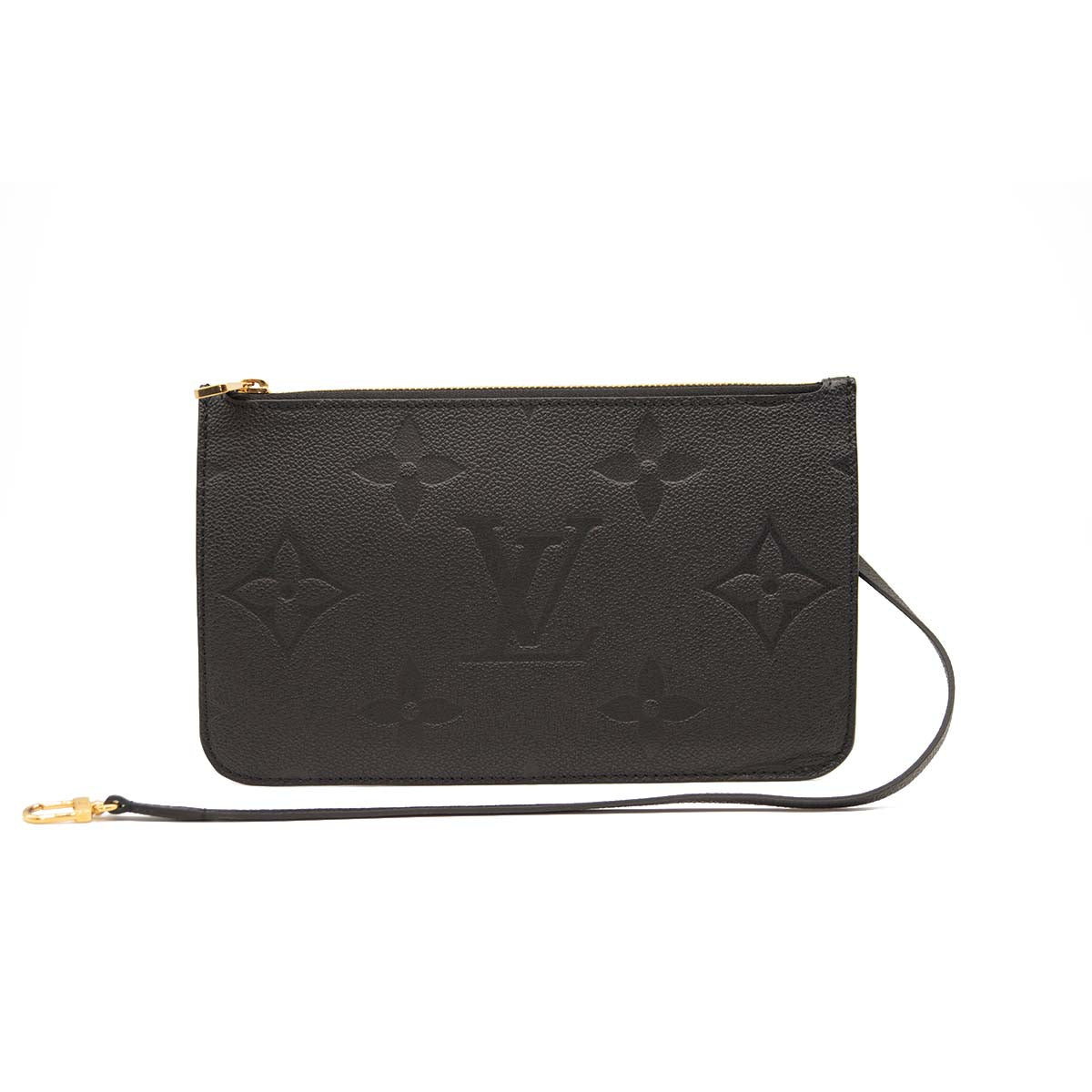 Microchipped LOUIS VUITTON Empreinte Monogram Giant Neverfull MM Pochette Black Wristlet Shoulder Bag