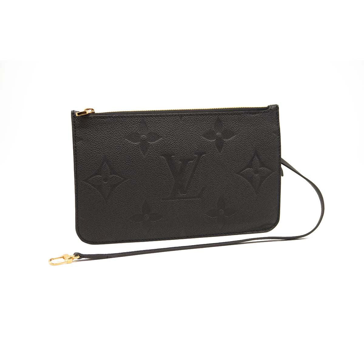 Microchipped LOUIS VUITTON Empreinte Monogram Giant Neverfull MM Pochette Black Wristlet Shoulder Bag