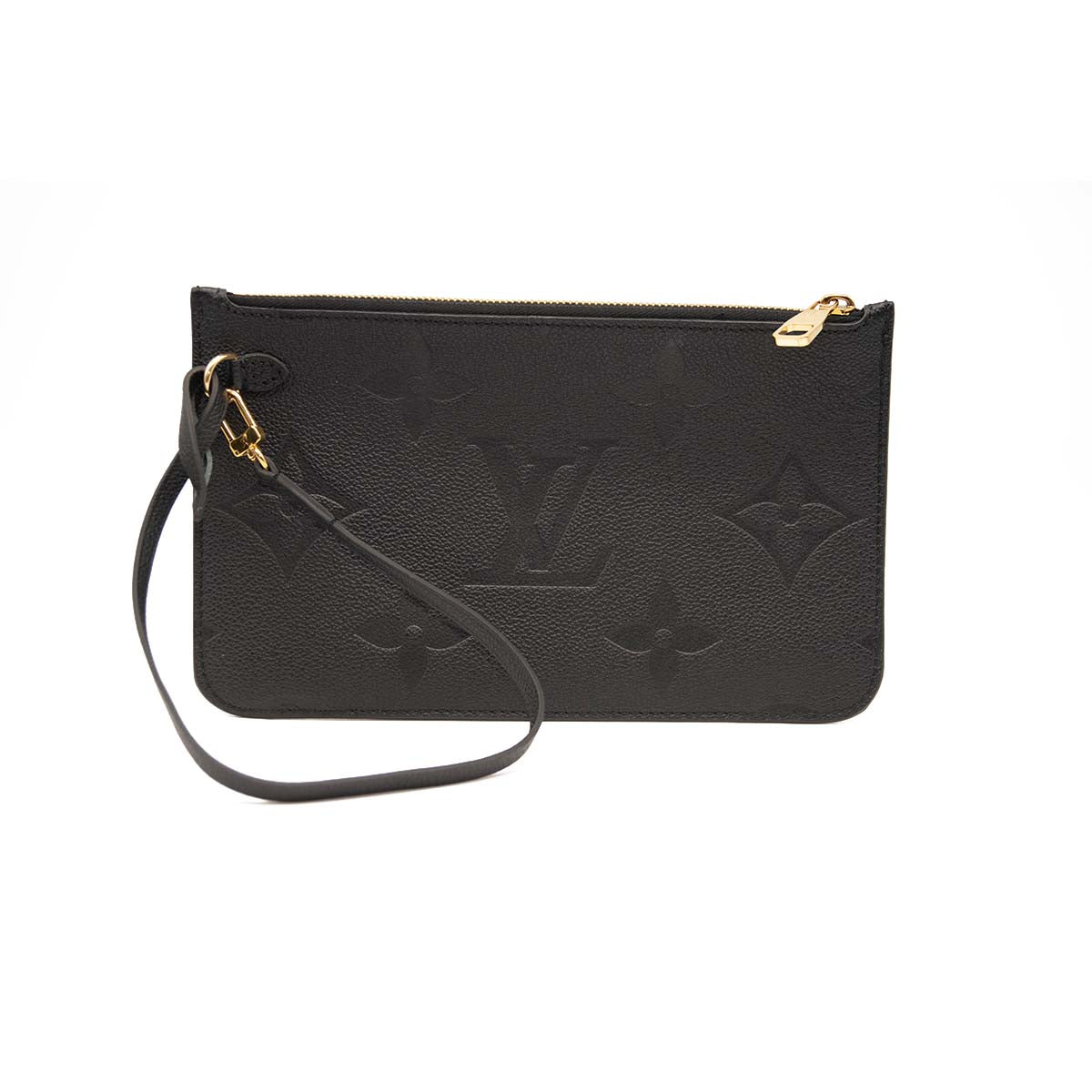 Microchipped LOUIS VUITTON Empreinte Monogram Giant Neverfull MM Pochette Black Wristlet Shoulder Bag