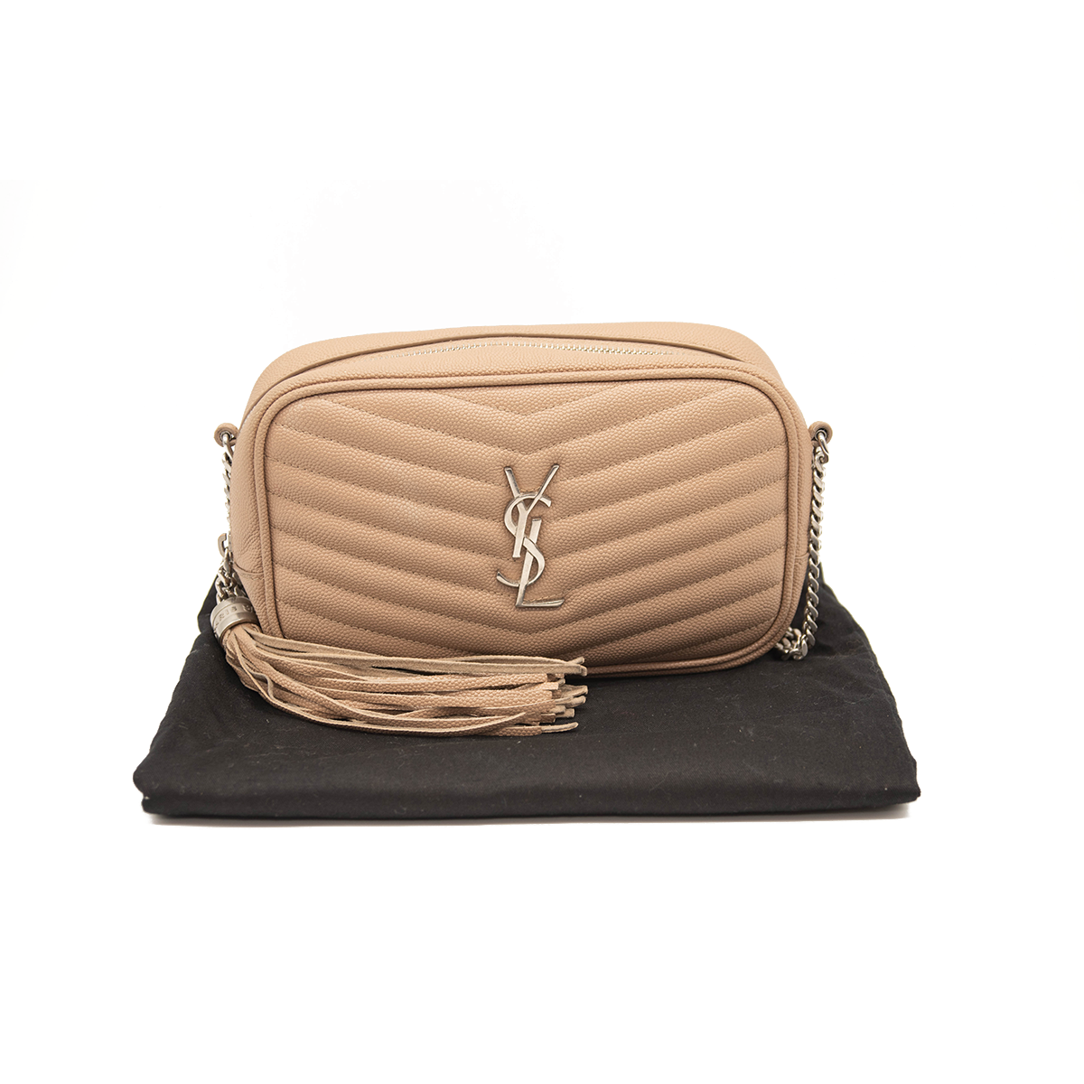 SAINT LAURENT Grain De Poudre Matelasse Monogram Mini Lou Camera Bag Dark Beige