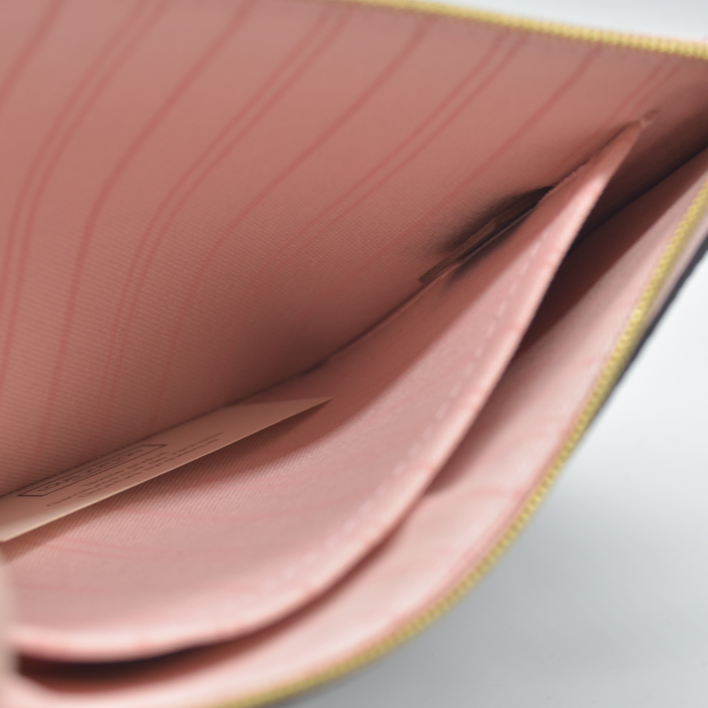 Louis Vuitton  Damier Ebene Neverfull MM Pochette Rose Ballerine Wristlet AR4186