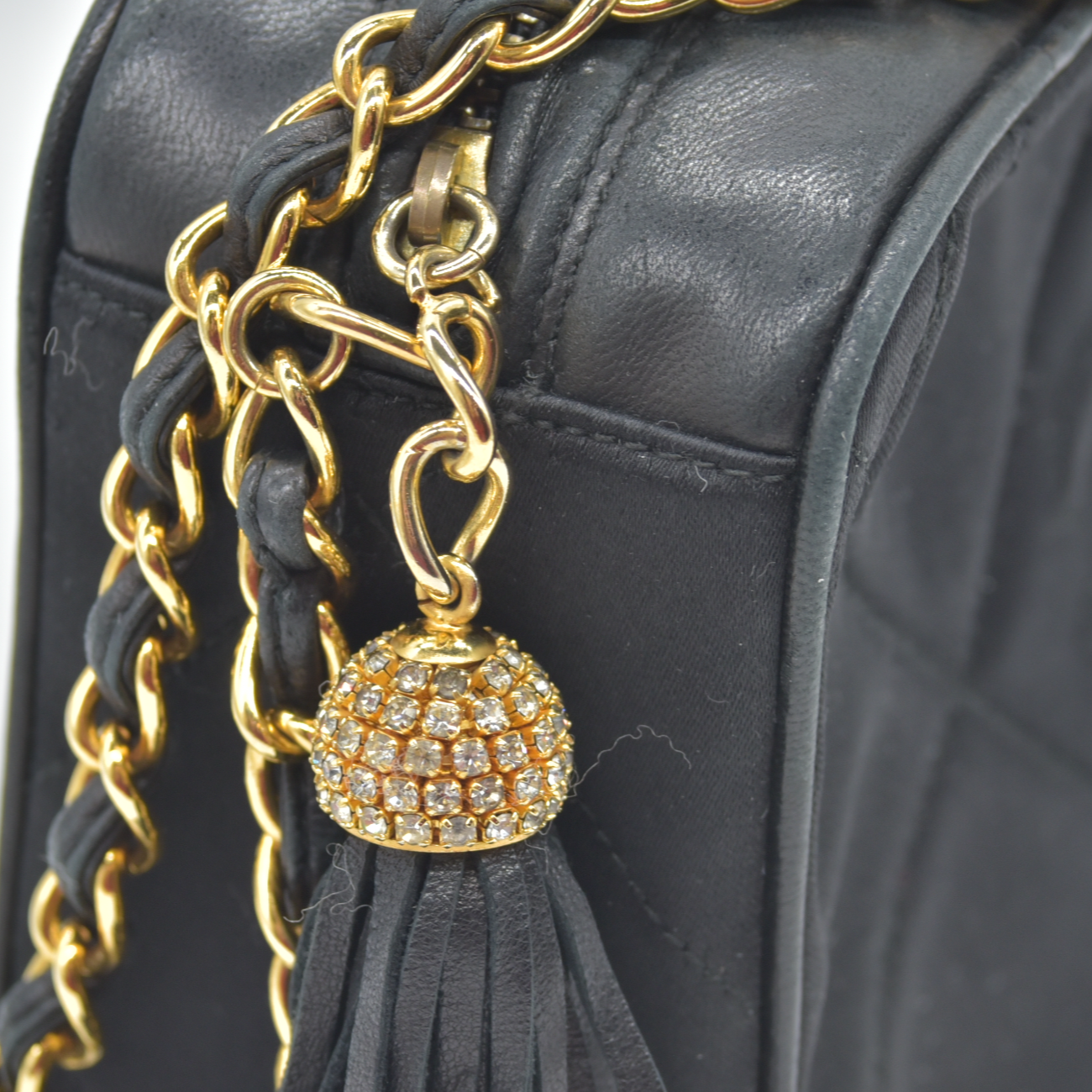 Chanel Chanel Vintage Black Quilted Satin CC Tassel Shoulder Bag