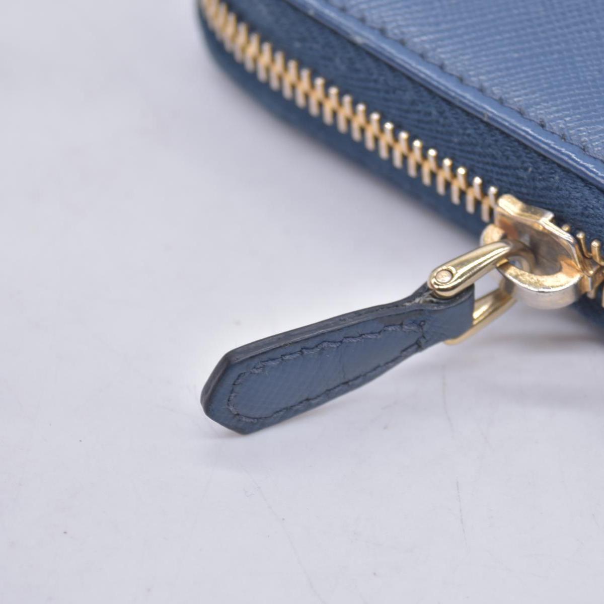 $790 PRADA Saffiano Metal Logo Zip Around Long Wallet Blue CONSIGNMENT 10021520