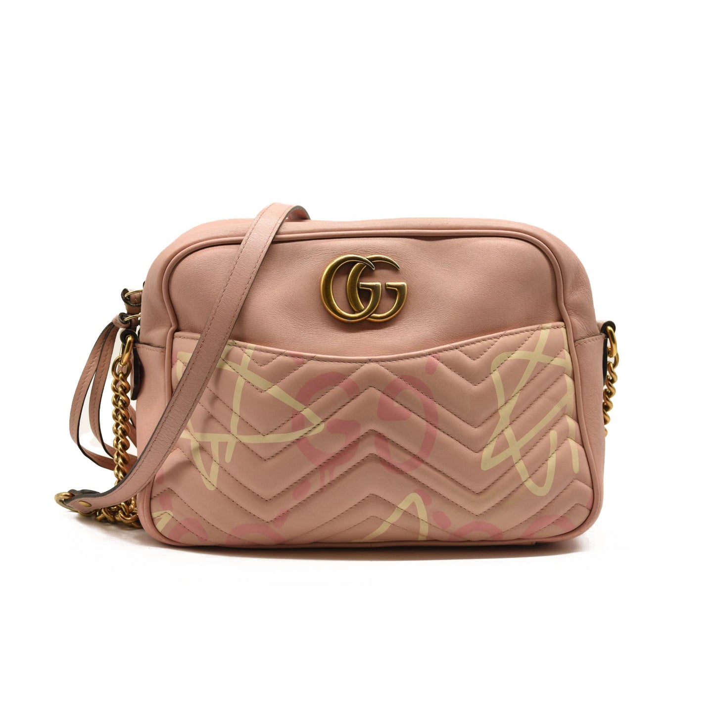 GUCCI Calfskin Matelasse GucciGhost Medium GG Marmont Chain Shoulder Bag Pink