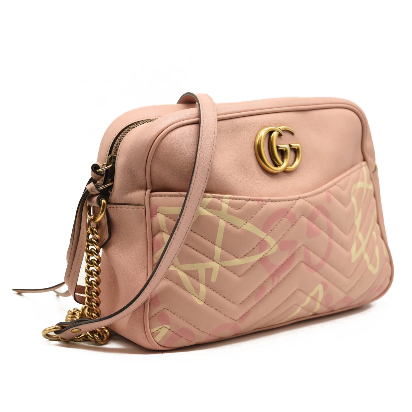 GUCCI Calfskin Matelasse GucciGhost Medium GG Marmont Chain Shoulder Bag Pink