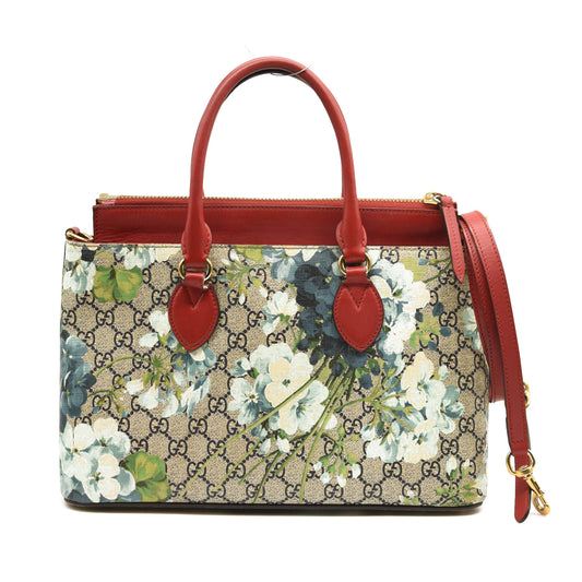 GUCCI GG Supreme Monogram Blooms Medium Zip Top Tote Beige Blue Navy Hibiscus Red