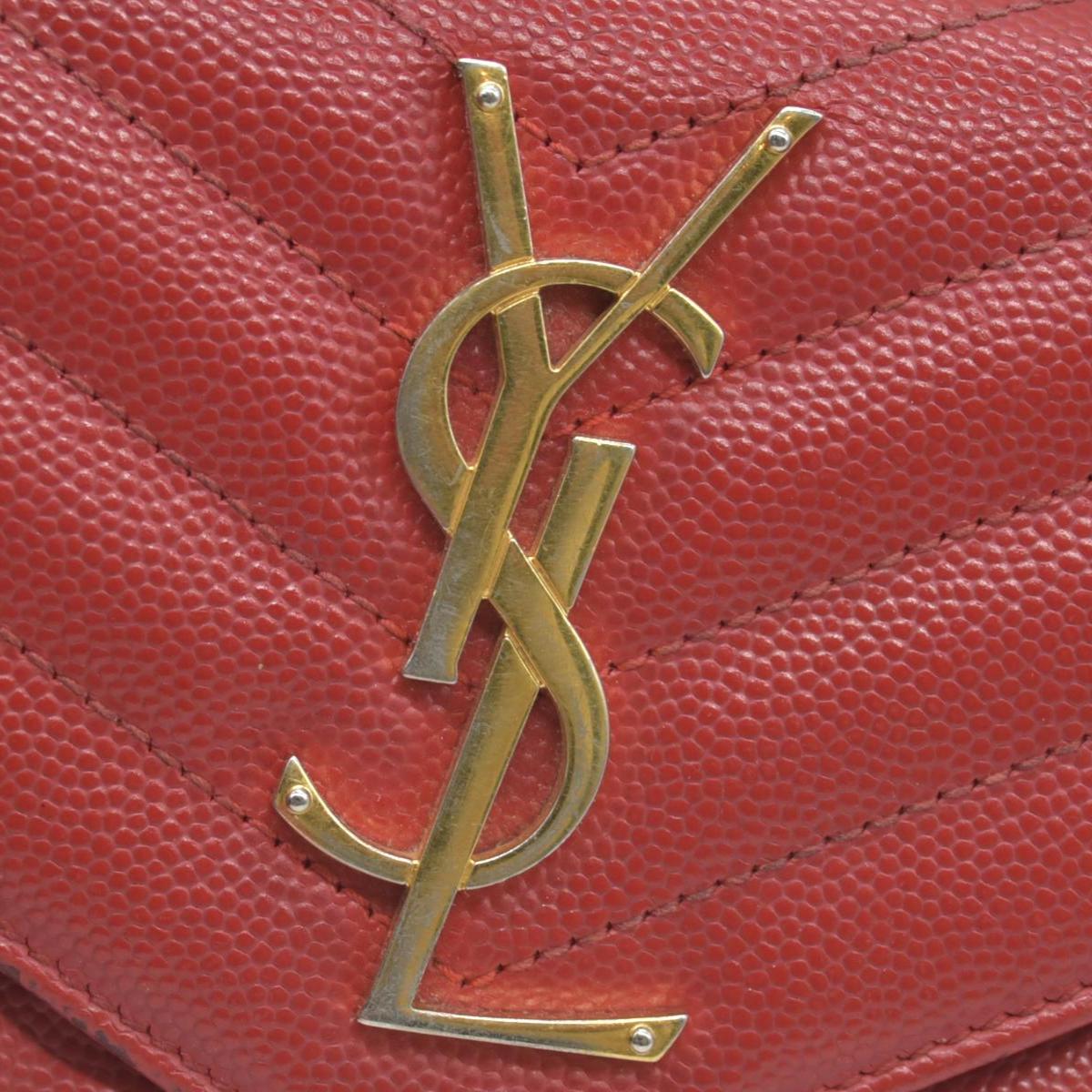 $750 Saint Laurent Grain De Poudre Matelasse Chevron Monogram Flap Wallet Red