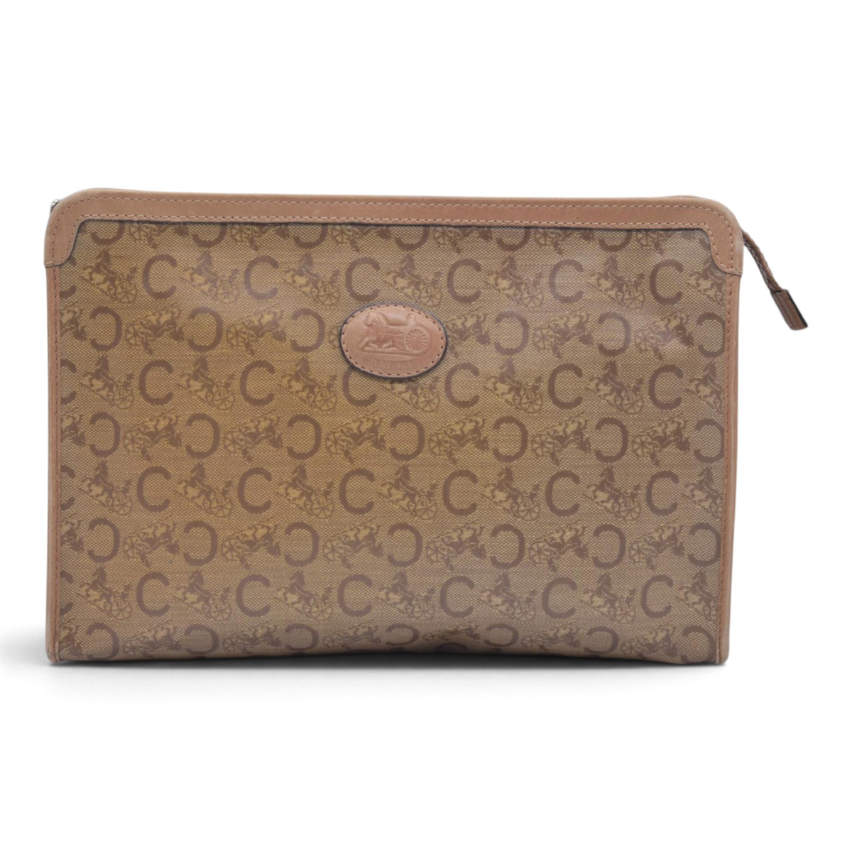 $550 CELINE C Sulky & Horse Carriage Canvas Clutch Pouch Tan Brown CONSIGNMENT 10021519