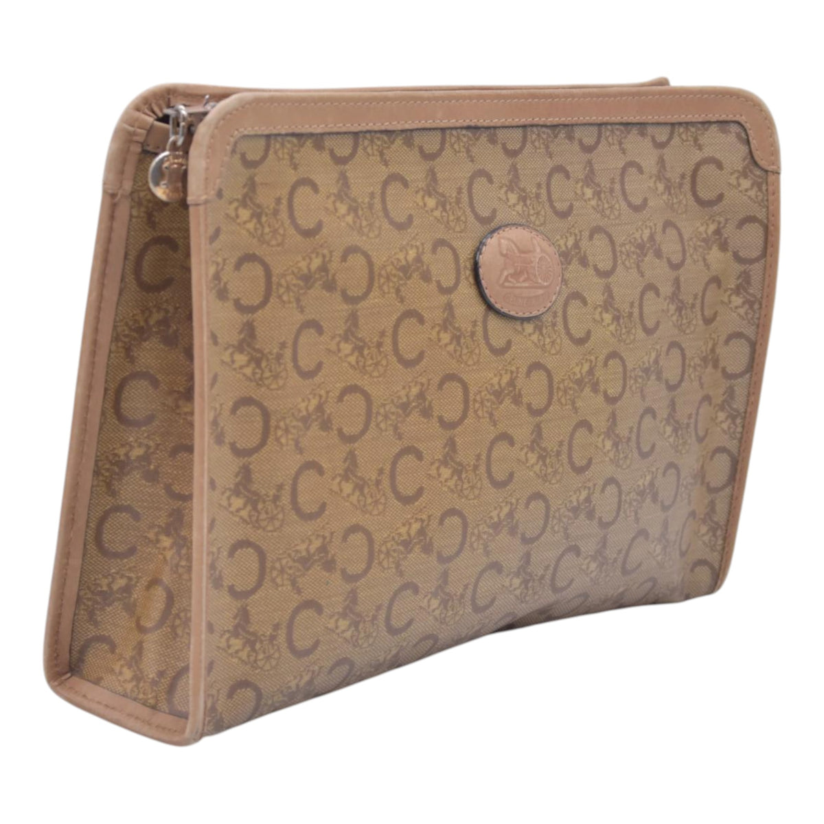 $550 CELINE C Sulky & Horse Carriage Canvas Clutch Pouch Tan Brown CONSIGNMENT 10021519