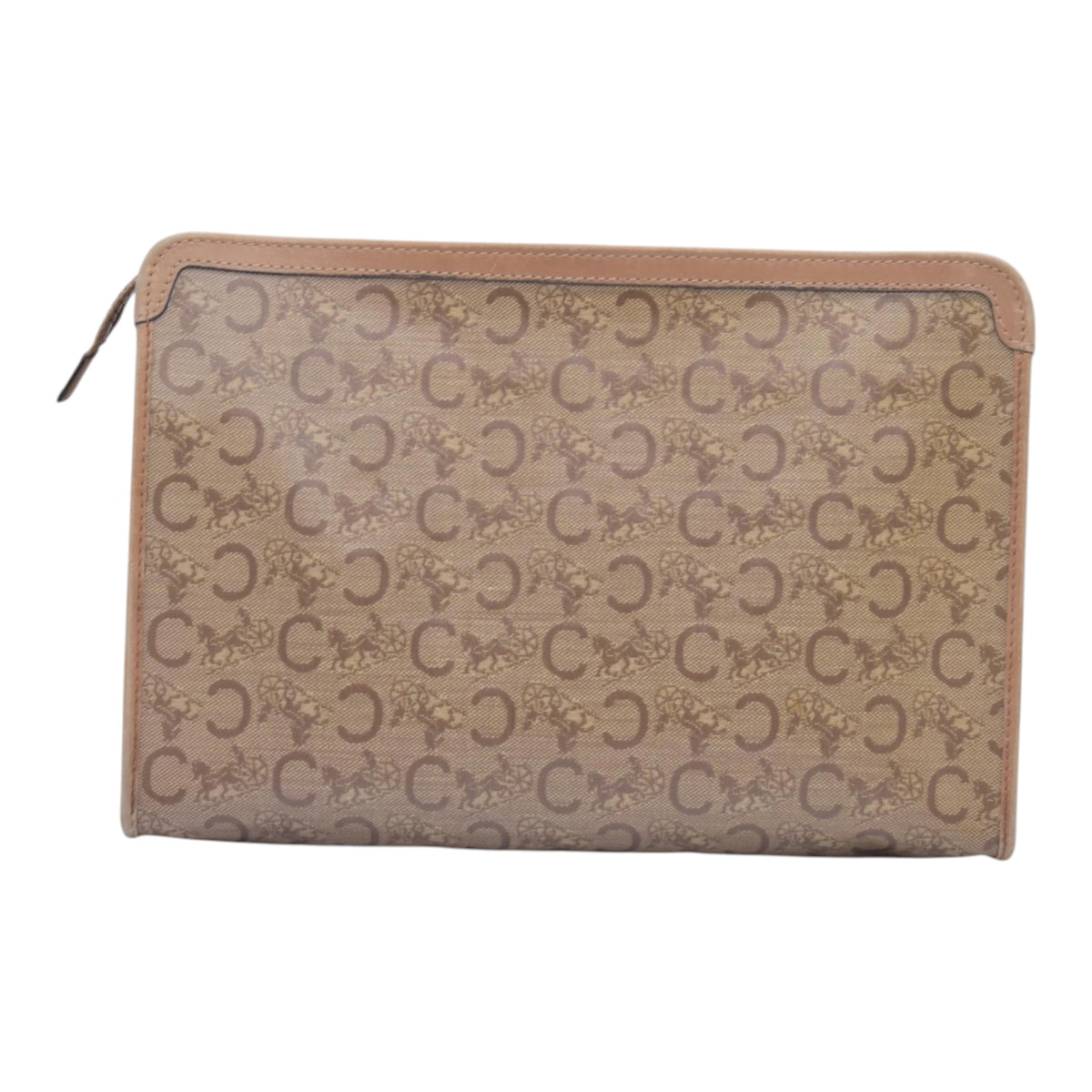 $550 CELINE C Sulky & Horse Carriage Canvas Clutch Pouch Tan Brown CONSIGNMENT 10021519