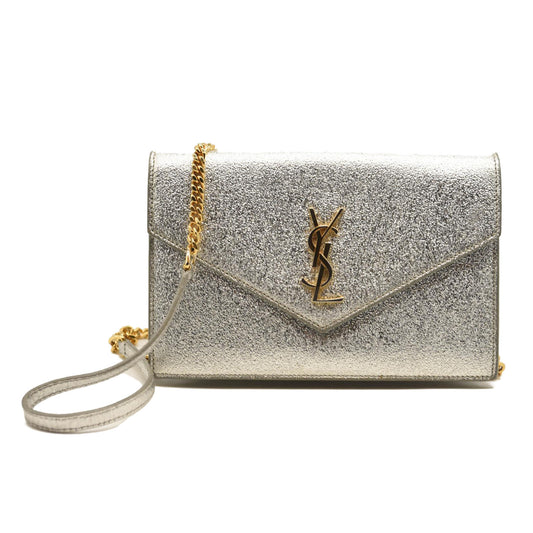 Saint Laurent Monogram Metallic Leather Wallet-on-Chain Bag Silver