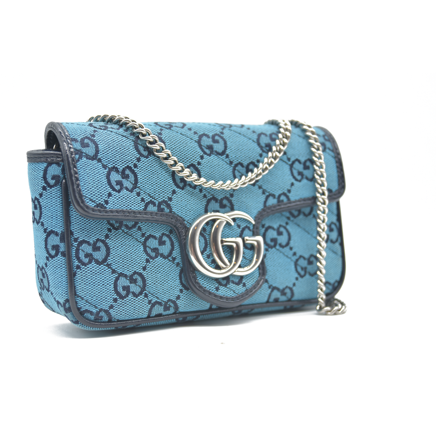 Gucci  Monogram Multicolor Matelasse Diagonal Super Mini GG Marmont Shoulder Bag Light Blue