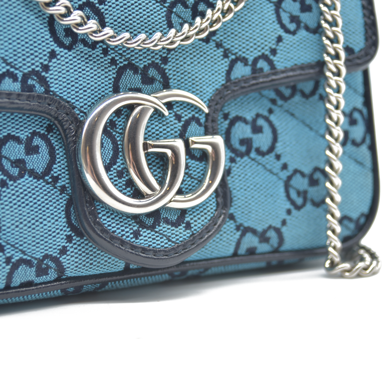 Gucci  Monogram Multicolor Matelasse Diagonal Super Mini GG Marmont Shoulder Bag Light Blue