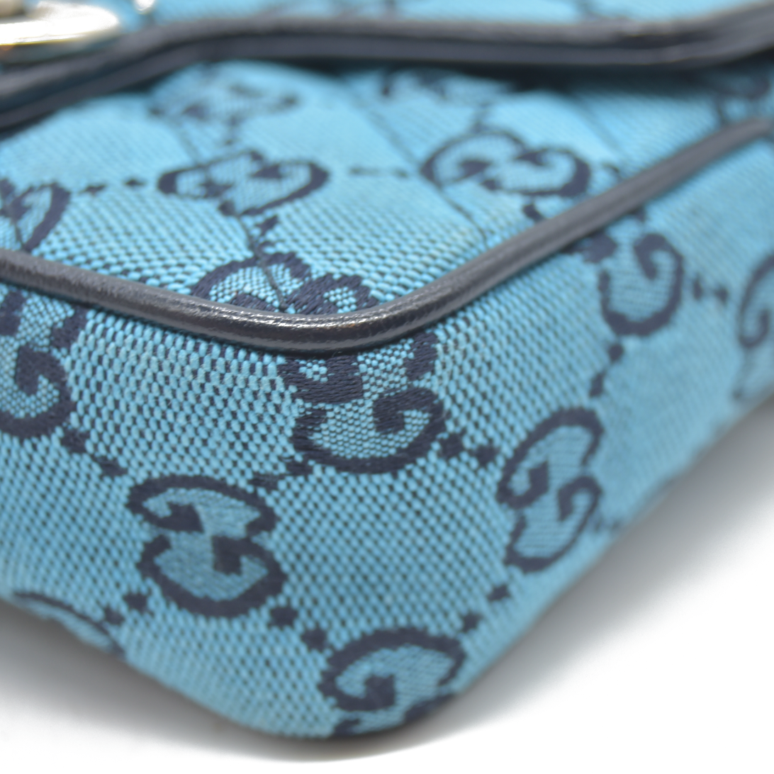 Gucci  Monogram Multicolor Matelasse Diagonal Super Mini GG Marmont Shoulder Bag Light Blue