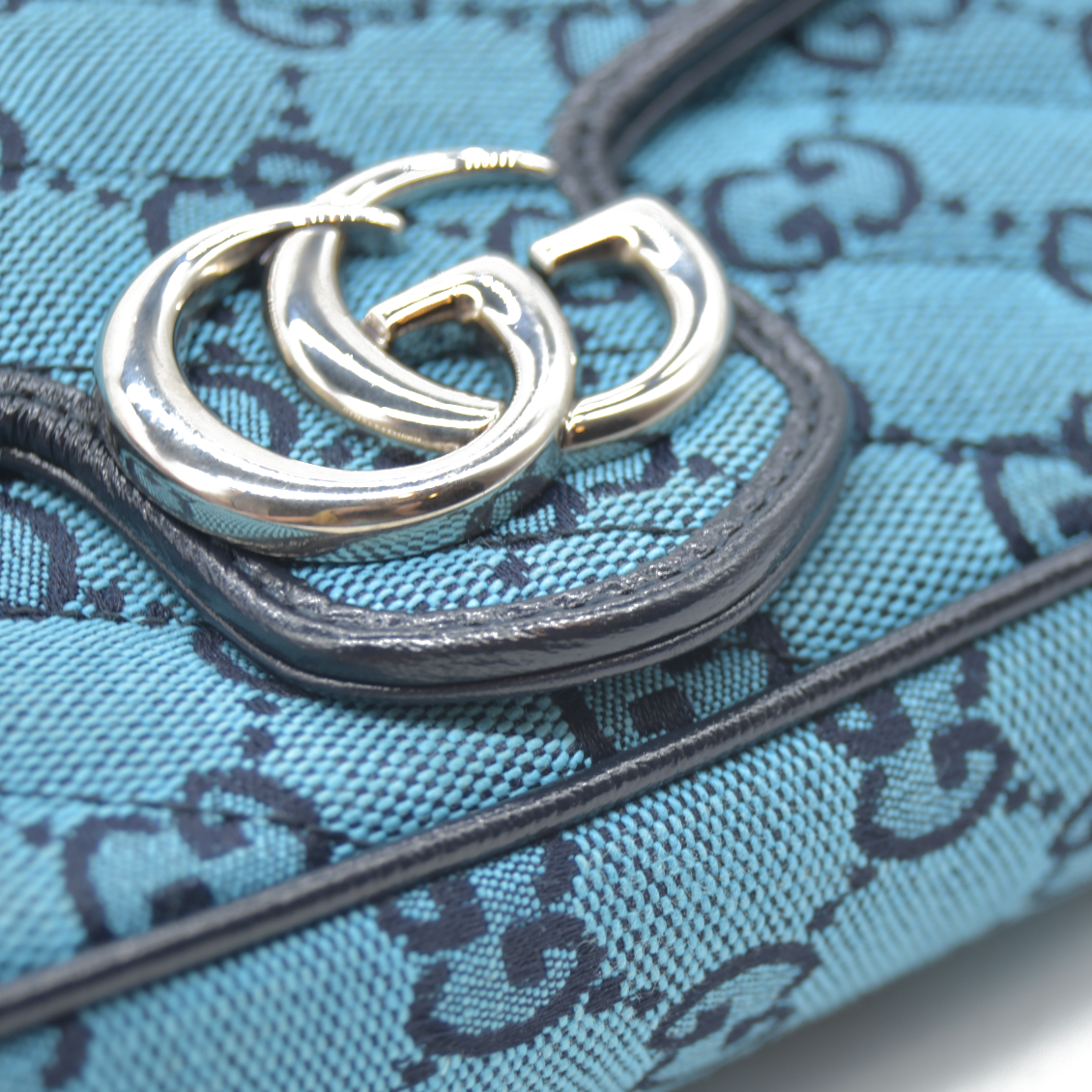 Gucci  Monogram Multicolor Matelasse Diagonal Super Mini GG Marmont Shoulder Bag Light Blue