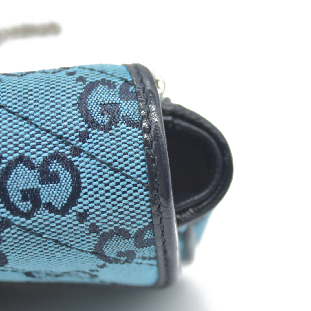 Gucci  Monogram Multicolor Matelasse Diagonal Super Mini GG Marmont Shoulder Bag Light Blue