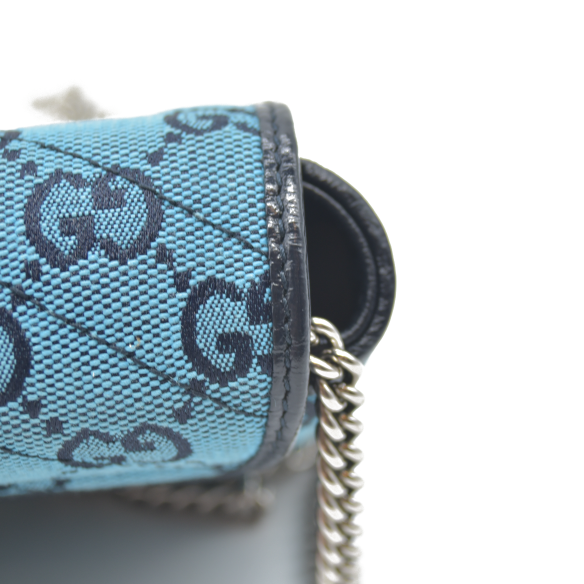 Gucci  Monogram Multicolor Matelasse Diagonal Super Mini GG Marmont Shoulder Bag Light Blue