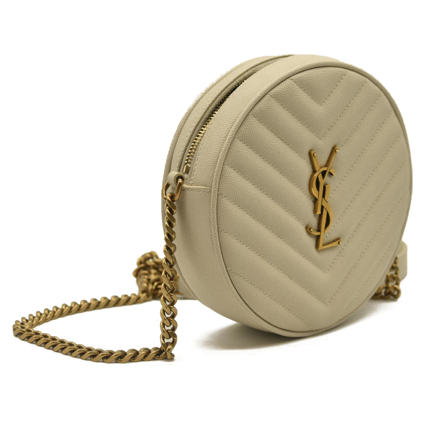 Saint Laurent  Grain De Poudre Matelasse Chevron Quilted Round Vinyle Camera Bag Crema Soft