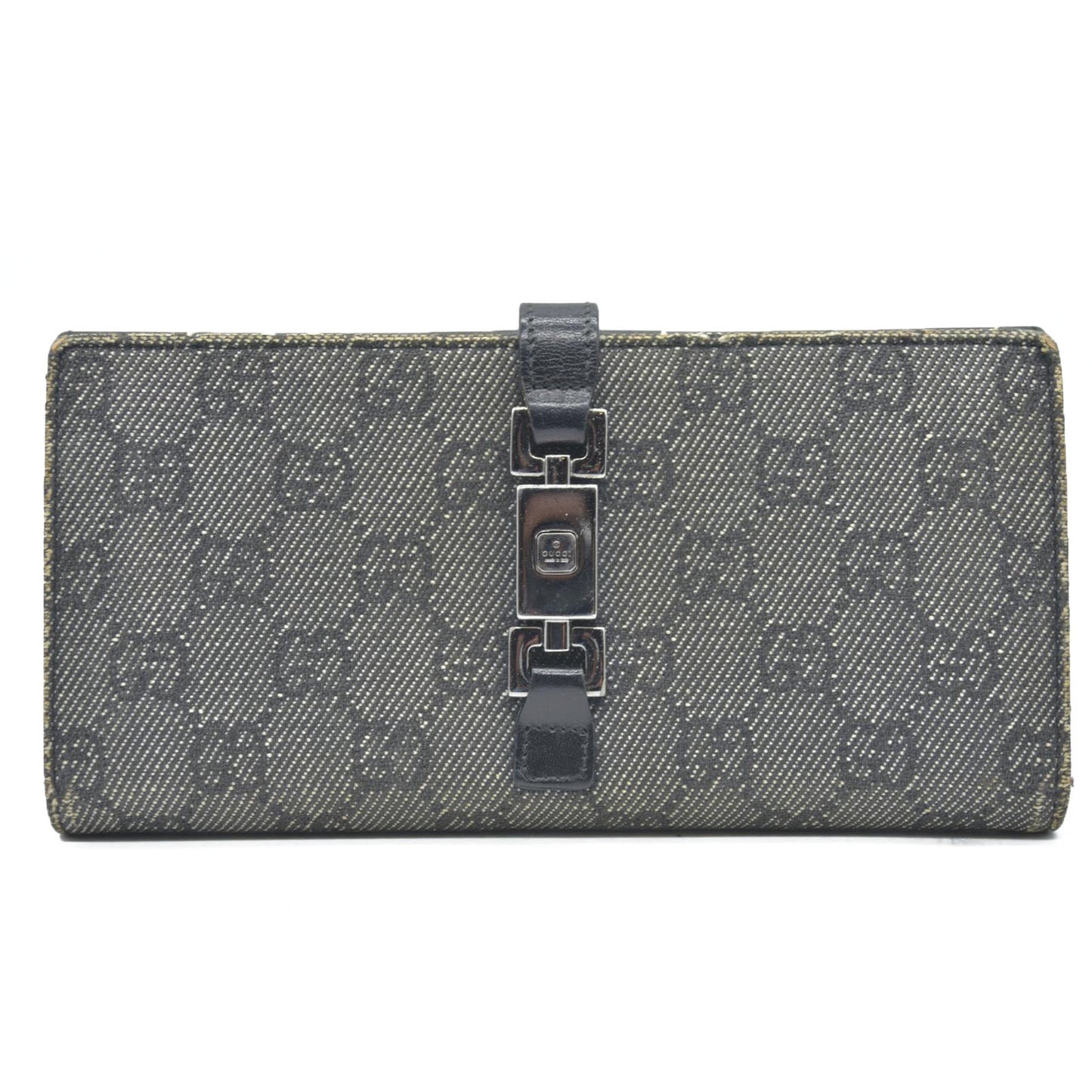 AUCTION $440 Gucci  Denim Calfskin Monogram Blake Continental Wallet Black