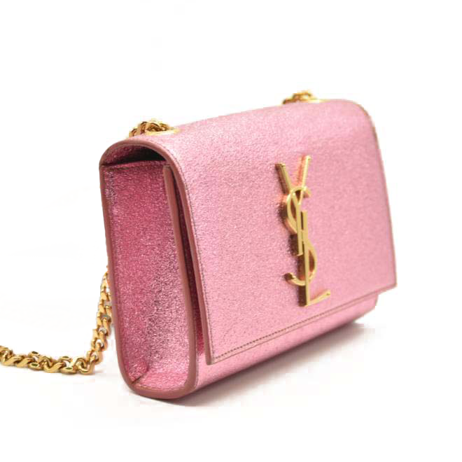 SAINT LAURENT Grain De Poudre Small Metallic Monogram Kate Satchel Old Rose