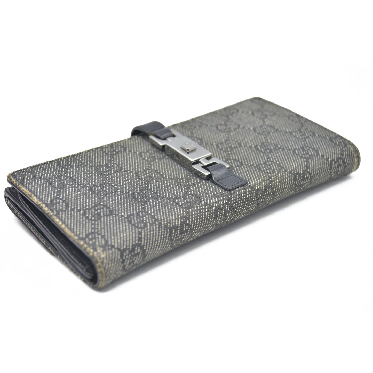 AUCTION $440 Gucci  Denim Calfskin Monogram Blake Continental Wallet Black