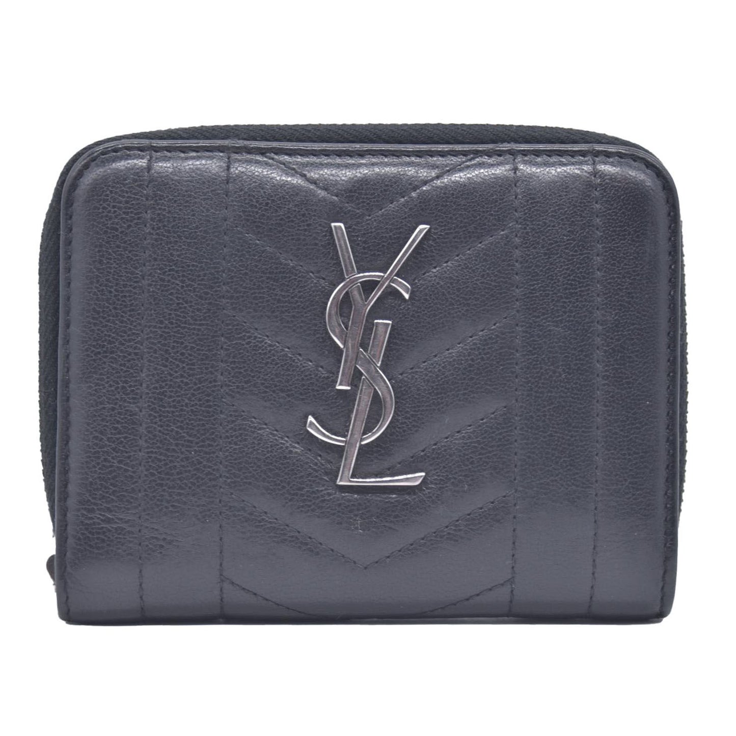 Saint Laurent Calfskin Matelasse Monogram Compact Zip Around Wallet Dark Grey CONSIGNMENT