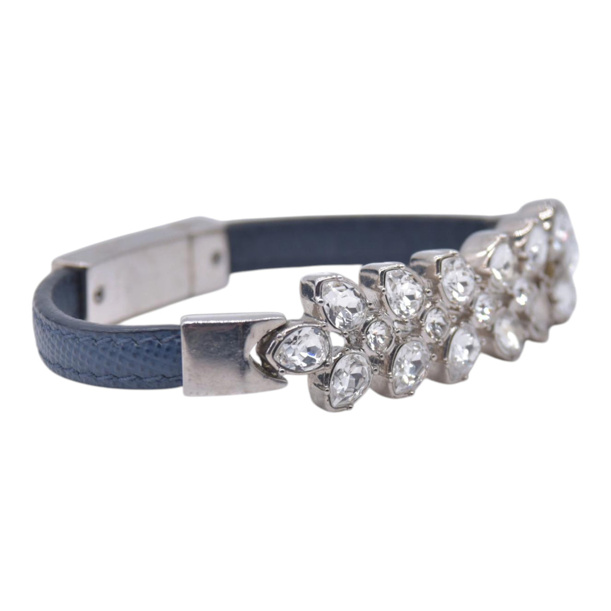 $550 PRADA Saffiano Leather Crystal Embellished Bangle Bracelet Blue Silver CONSIGNMENT 10021584