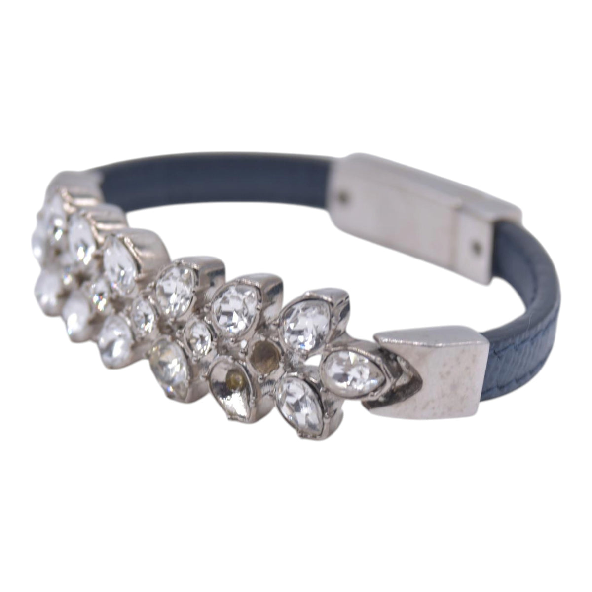 $550 PRADA Saffiano Leather Crystal Embellished Bangle Bracelet Blue Silver CONSIGNMENT 10021584