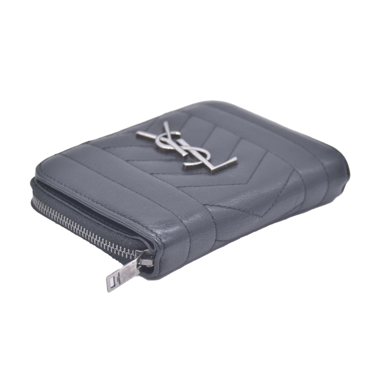 Saint Laurent Calfskin Matelasse Monogram Compact Zip Around Wallet Dark Grey CONSIGNMENT