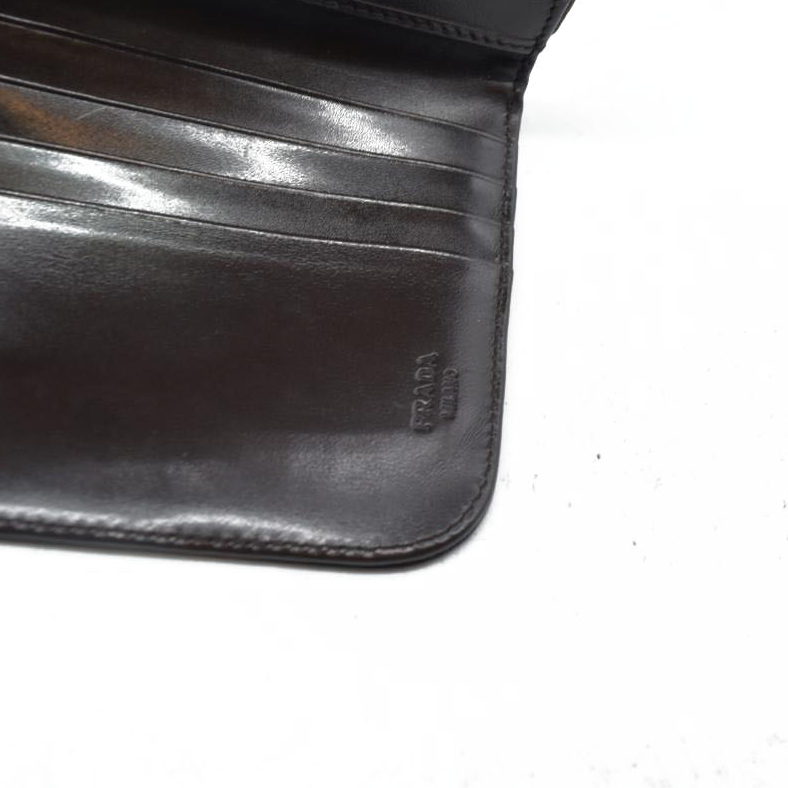 $795 PRADA Logo Leather Bifold Wallet Brown