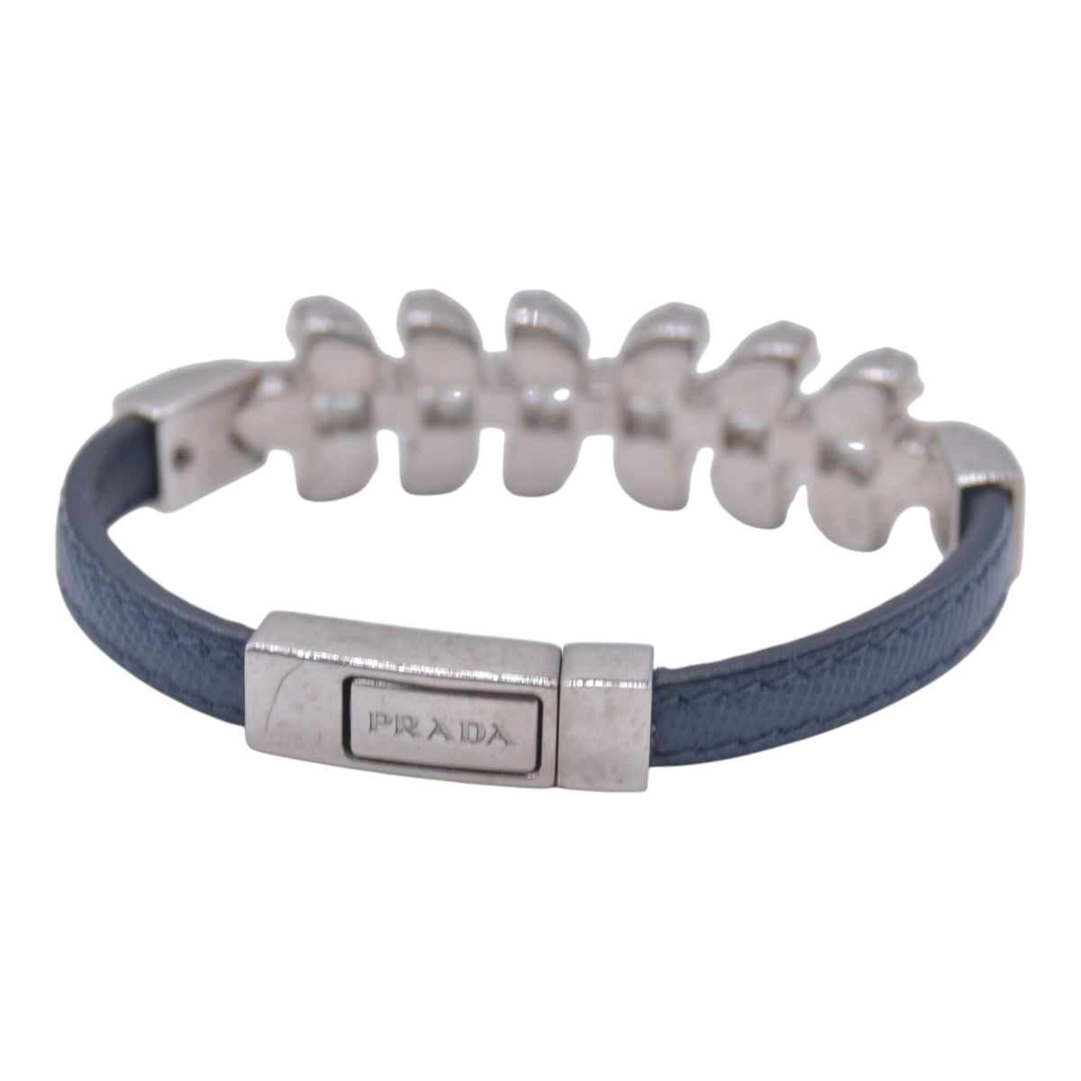 $550 PRADA Saffiano Leather Crystal Embellished Bangle Bracelet Blue Silver CONSIGNMENT 10021584