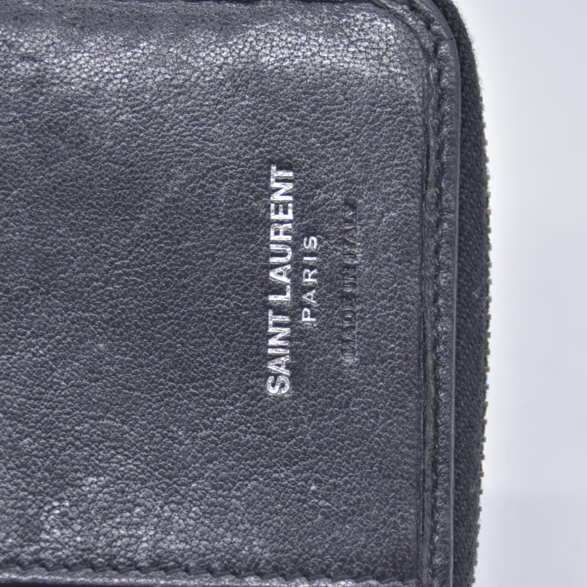 Saint Laurent Calfskin Matelasse Monogram Compact Zip Around Wallet Dark Grey CONSIGNMENT