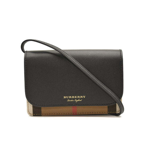 BURBERRY Grained Calfskin House Check Tartan Mix Hampshire Wallet On Chain Black