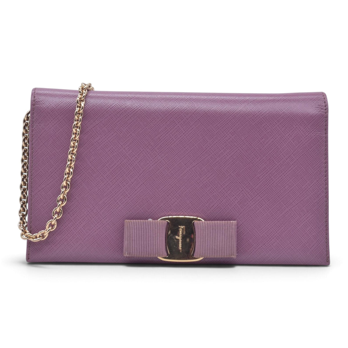 $650 SALVATORE FERRAGAMO Vara Bow Saffiano Leather Chain Flap Wallet Crossbody Pink CONSIGNMENT 10021563