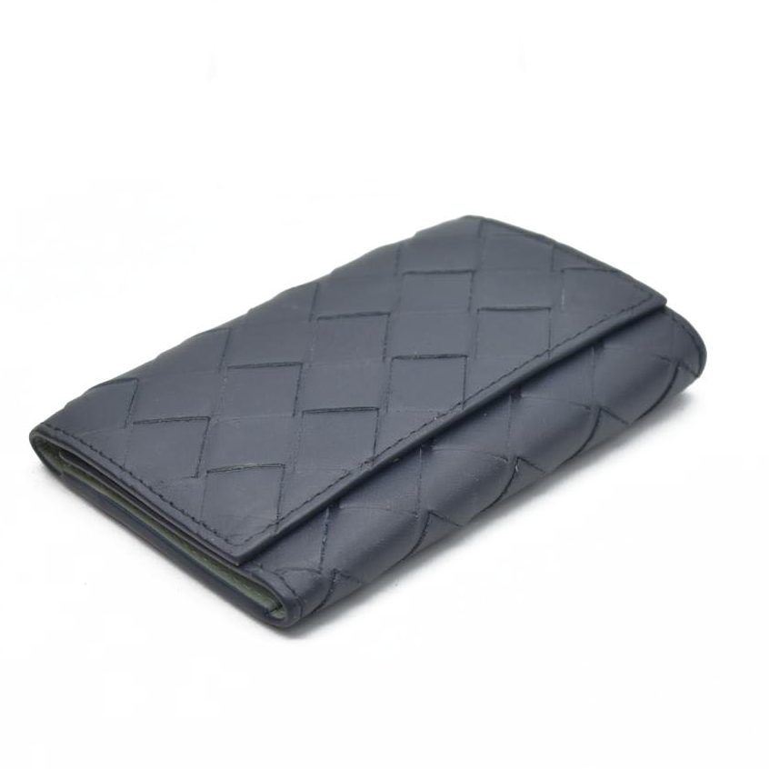 $600 Bottega Veneta Intrecciato Maxi Lambskin Leather 6 Ring Key Case Blue
