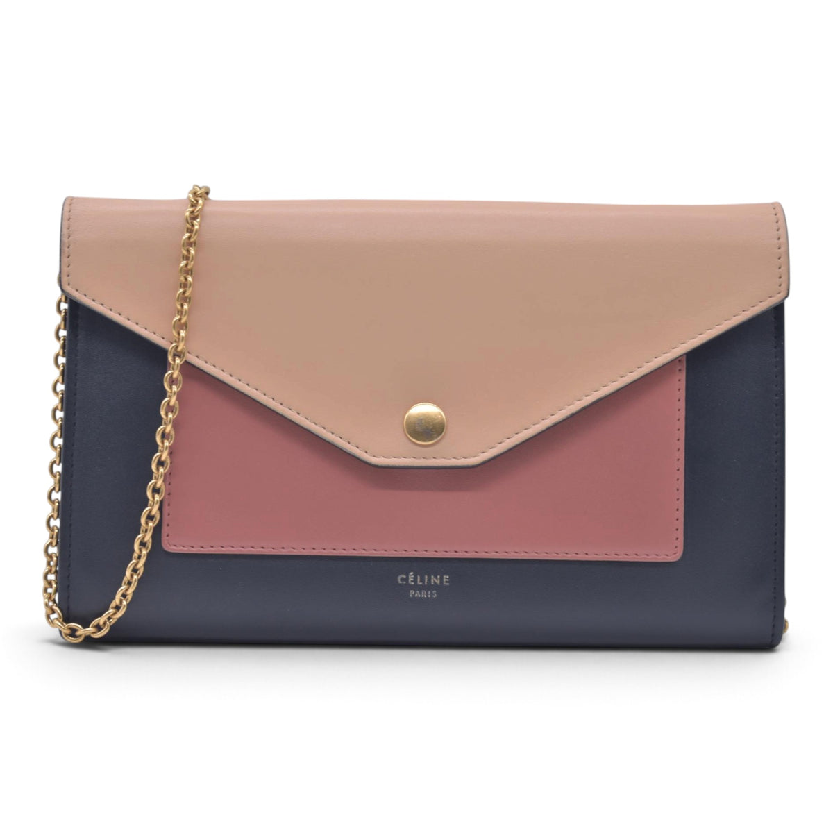 $1200 CELINE Smooth Calfskin Tri-Color Envelope Flap Wallet on Chain Navy Beige Pink CONSIGNMENT 10021559