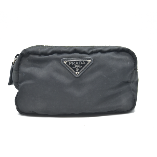 PRADA Logo Plate Nylon Cosmetic Pouch Bag Black