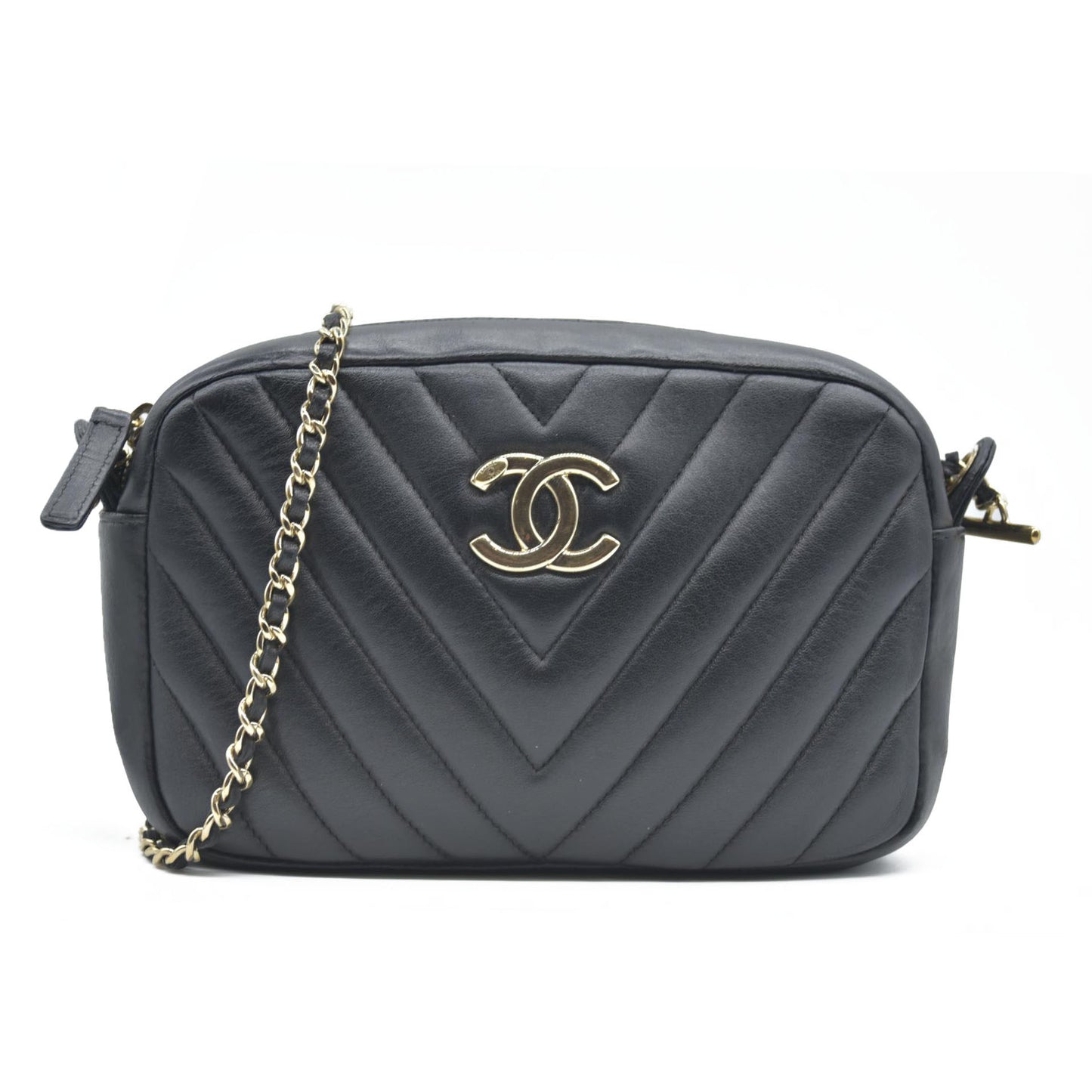 $3100 Chanel  Lambskin Chevron Quilted Camera Case Black