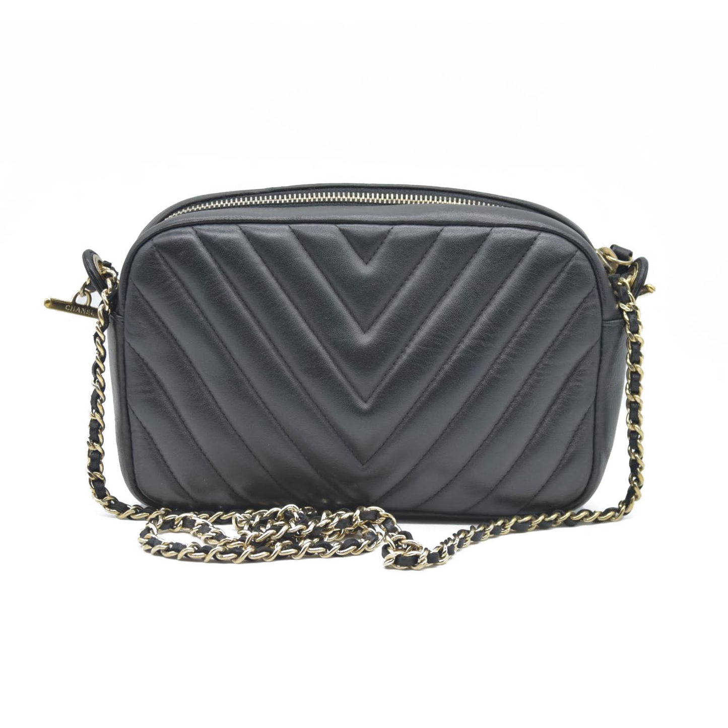 $3100 Chanel  Lambskin Chevron Quilted Camera Case Black