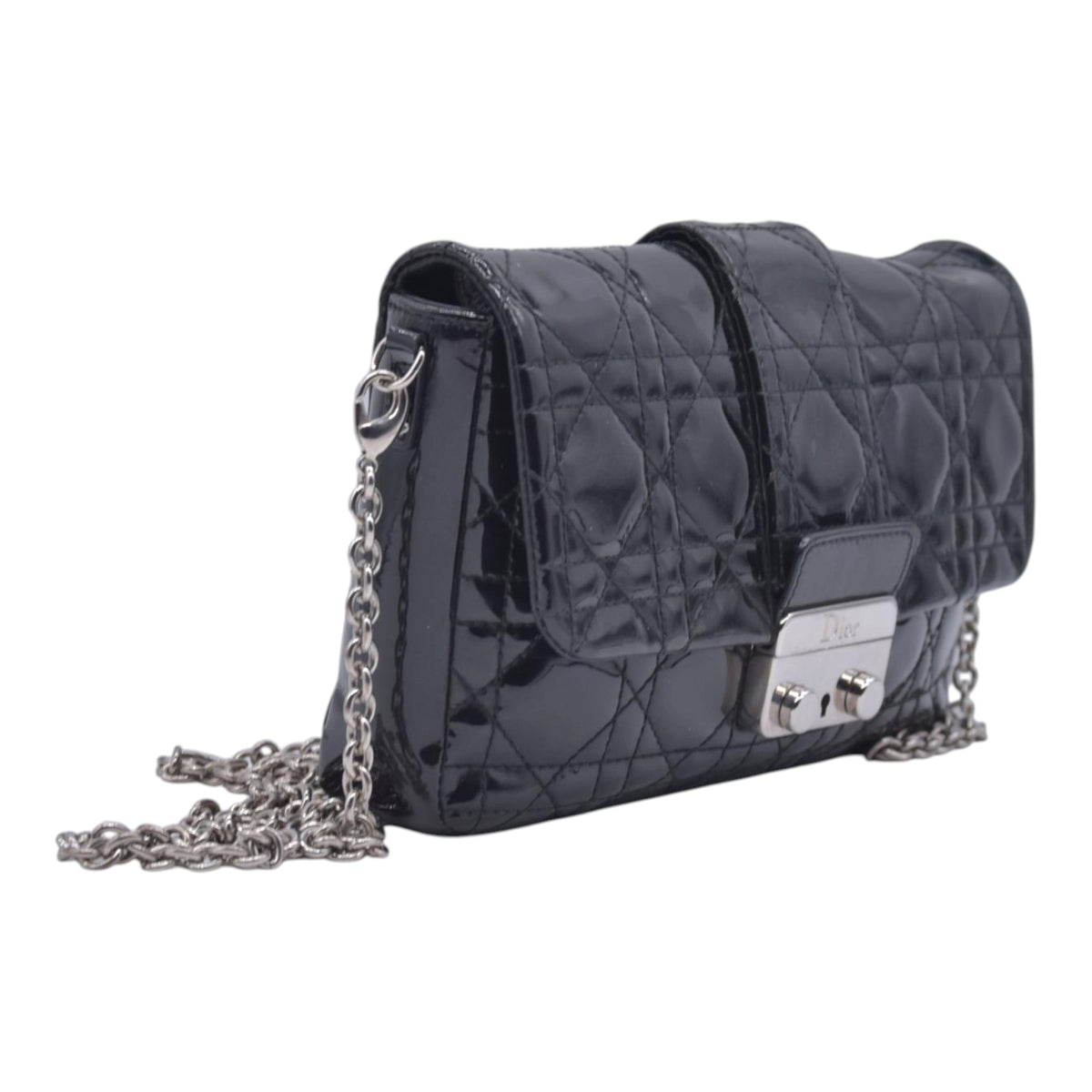 $2100 CHRISTIAN DIOR Cannage Patent Miss Dior Chain Shoulder Bag Black CONSIGNMENT 10021555