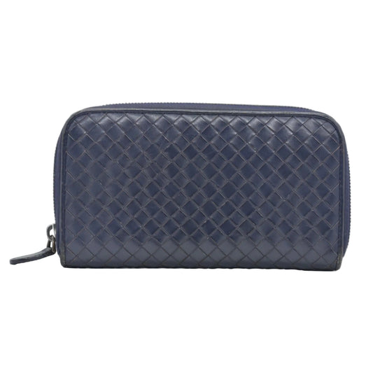 $1100 Bottega Veneta Nappa Intrecciato Zip Around Wallet Navy CONSIGNMENT