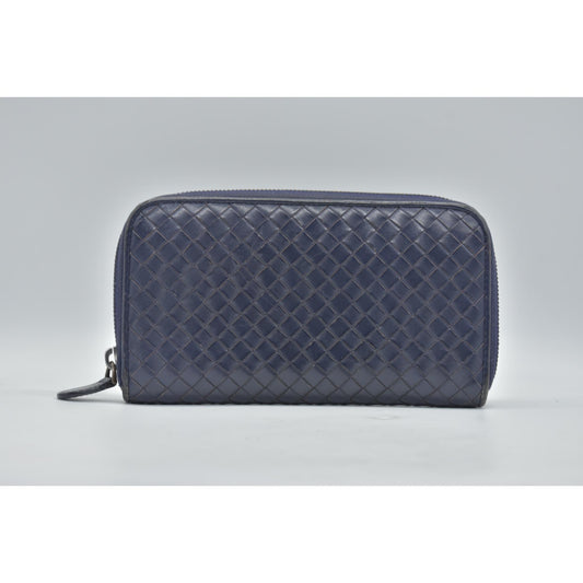 Bottega Veneta Nappa Intrecciato Zip Around Wallet Navy