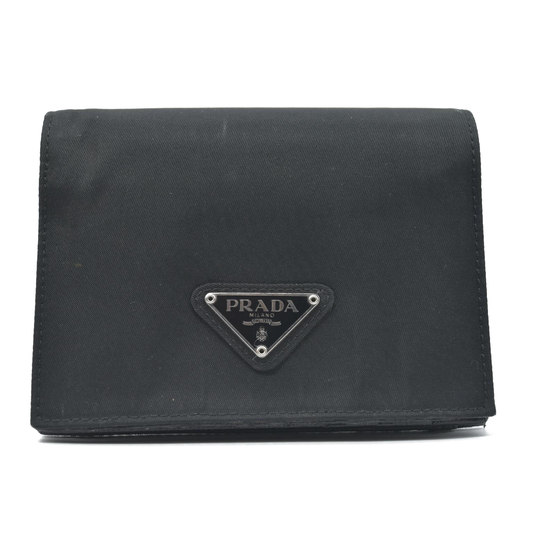 $650 PRADA Logo Plate Nylon Bifold Wallet Purse Black