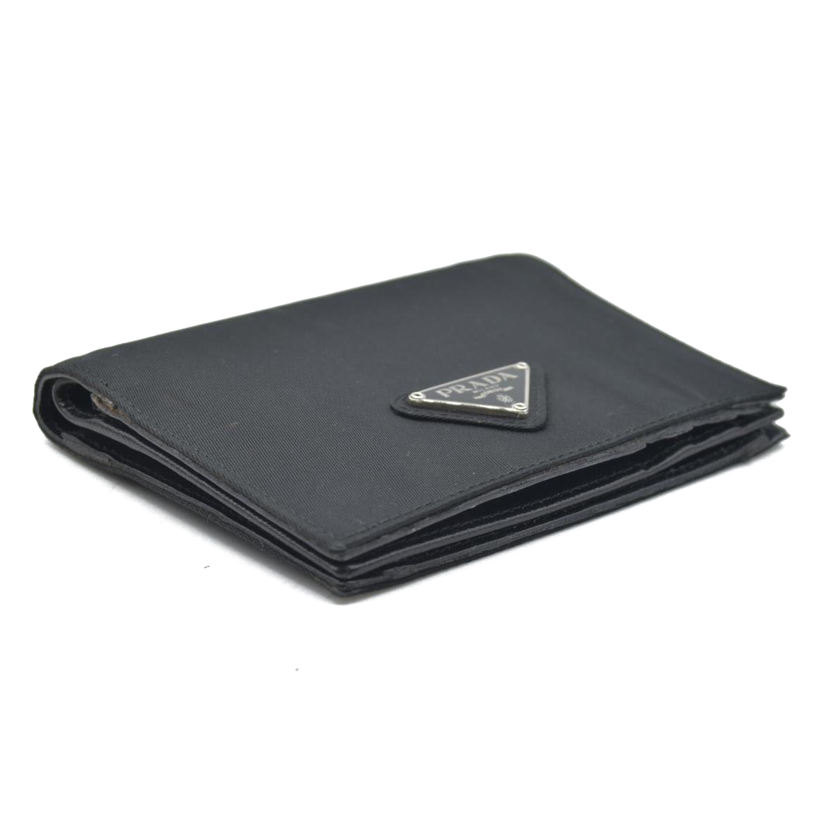 $650 PRADA Logo Plate Nylon Bifold Wallet Purse Black