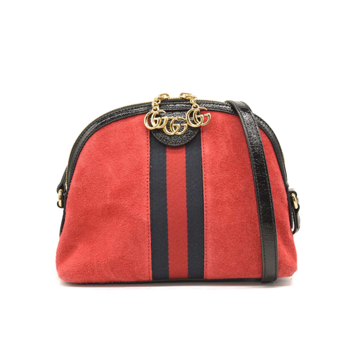 GUCCI SUEDE PATENT WEB GG SMALL OPHIDIA DOME SHOULDER BAG HIBISCUS RED