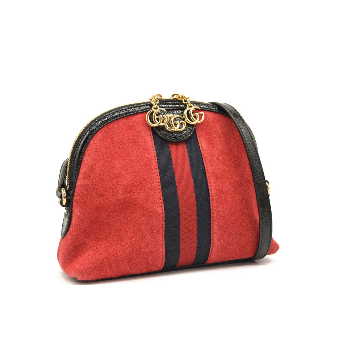 GUCCI SUEDE PATENT WEB GG SMALL OPHIDIA DOME SHOULDER BAG HIBISCUS RED