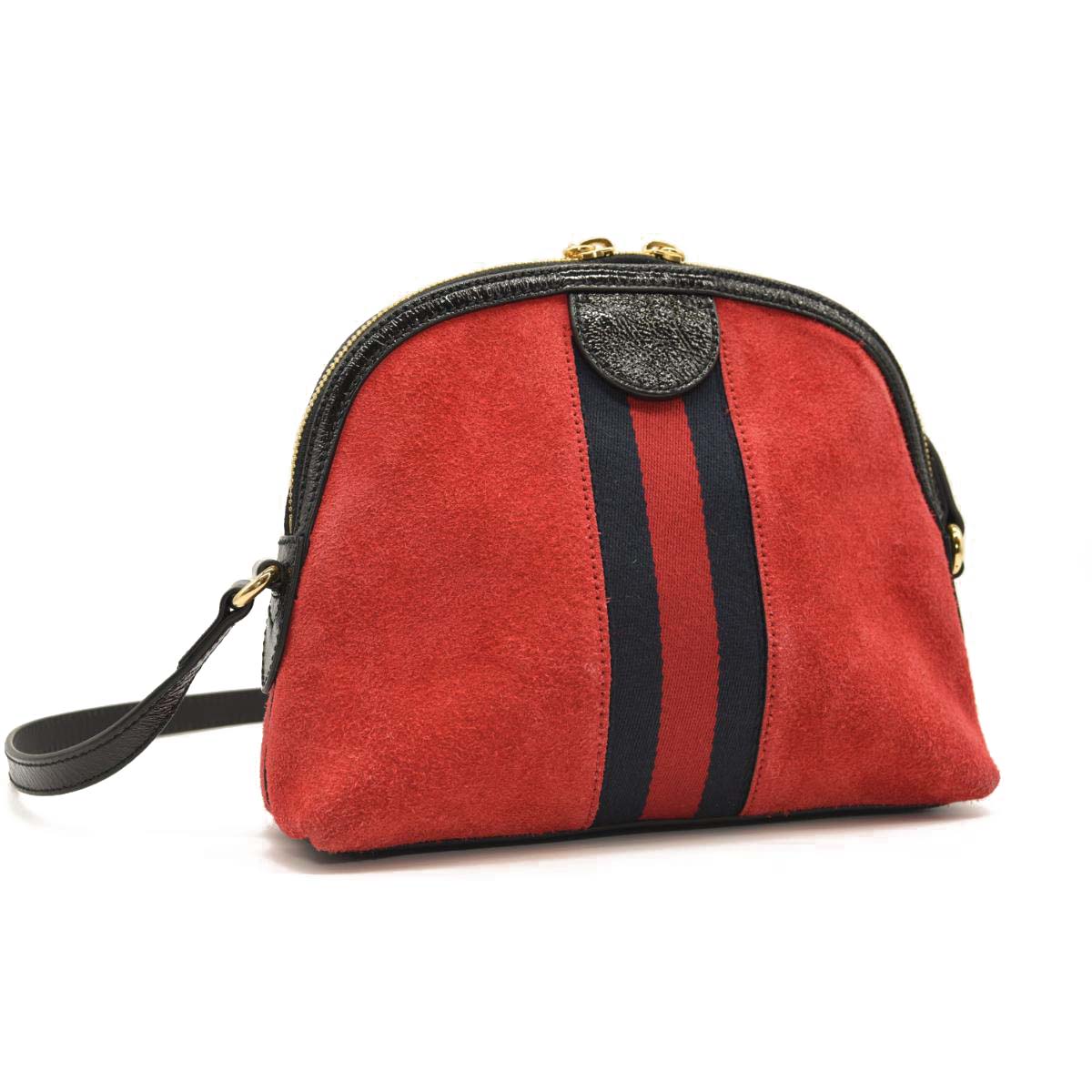 GUCCI SUEDE PATENT WEB GG SMALL OPHIDIA DOME SHOULDER BAG HIBISCUS RED