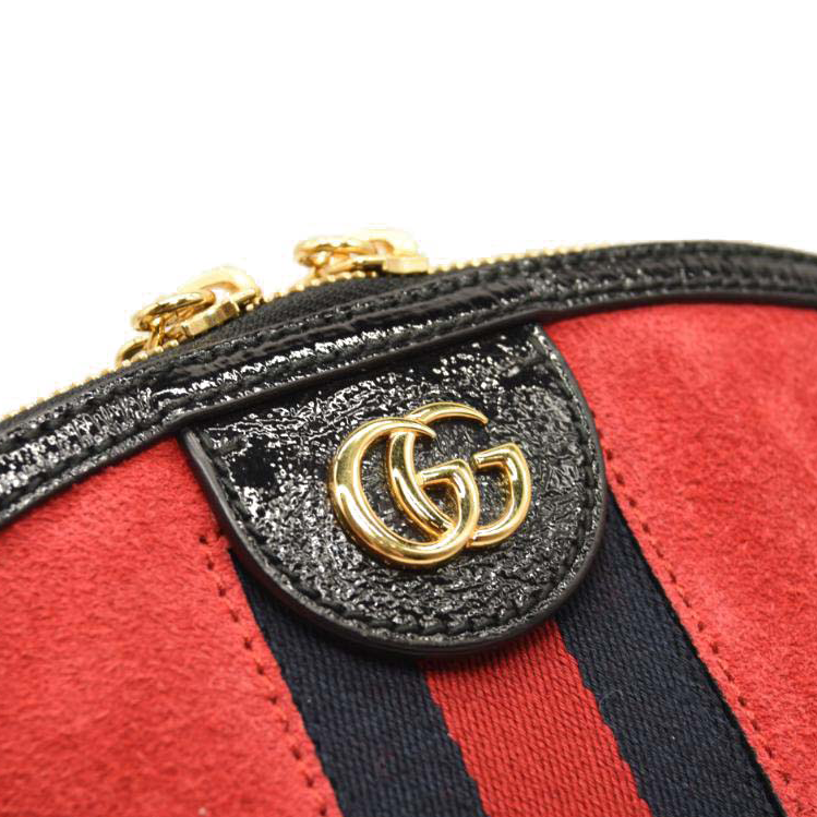 GUCCI SUEDE PATENT WEB GG SMALL OPHIDIA DOME SHOULDER BAG HIBISCUS RED