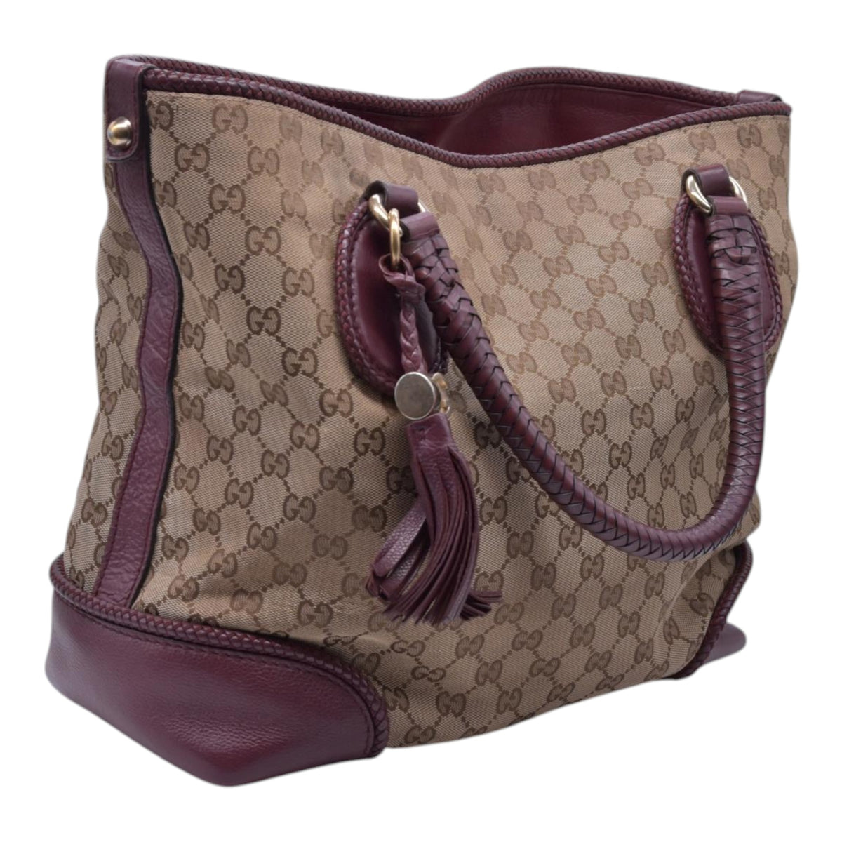 $1250 GUCCI GG Canvas Medium Marcie Tassel Tote Bag Beige Burgundy CONSIGNMENT 10021551