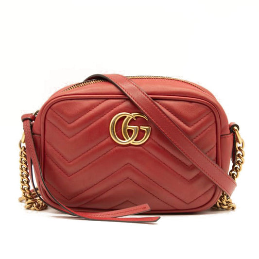 Gucci Calfskin Matelasse Mini GG Marmont Chain Shoulder Bag Hibiscus Red